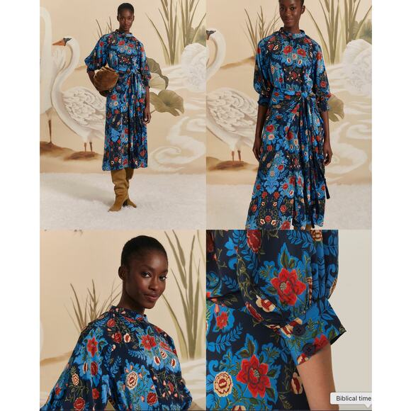 $298 NWT FARM RIO Blue & Red Arabesque Floral Midi Dress –  Medium - Picture 2 of 13